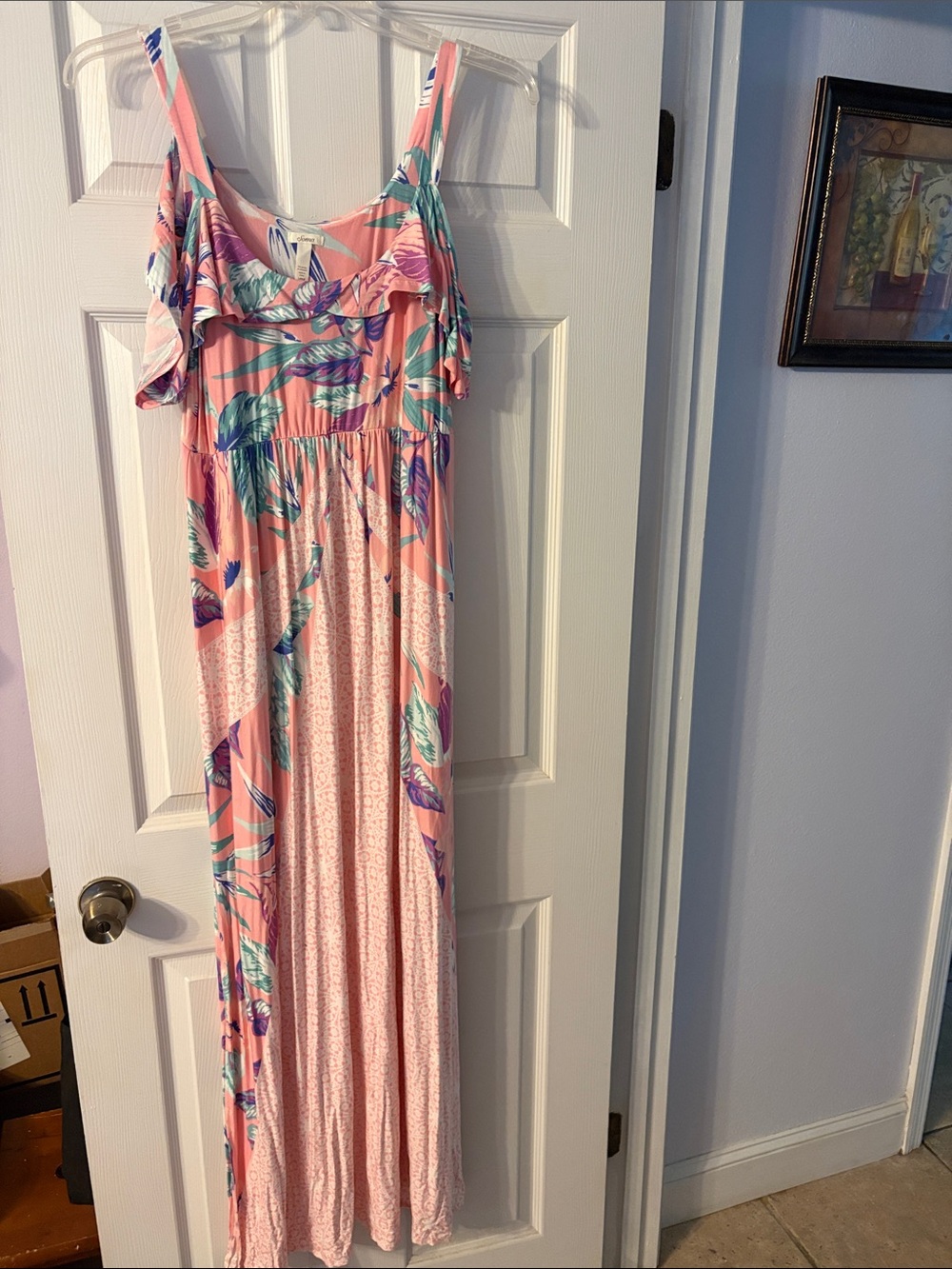 Soma Coral Tropical Leaf Maxi Dress with Purple Accents